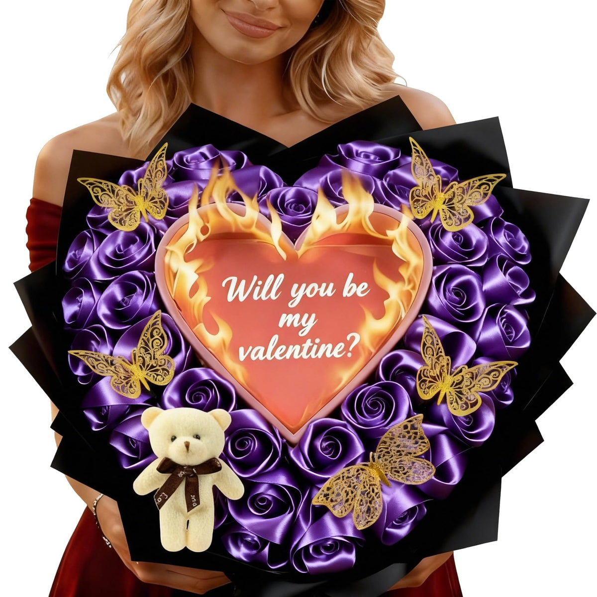 (Self-Assembly) Glitter Rose Bouquet with Initial, DIY Artificial Flowers | Custom Ribbon Text,DIY Glitter Rose Bouquet,Eternal Glitter Bouquet for Valentine's Day, Anniversary, Proposal, Birthday Gift
