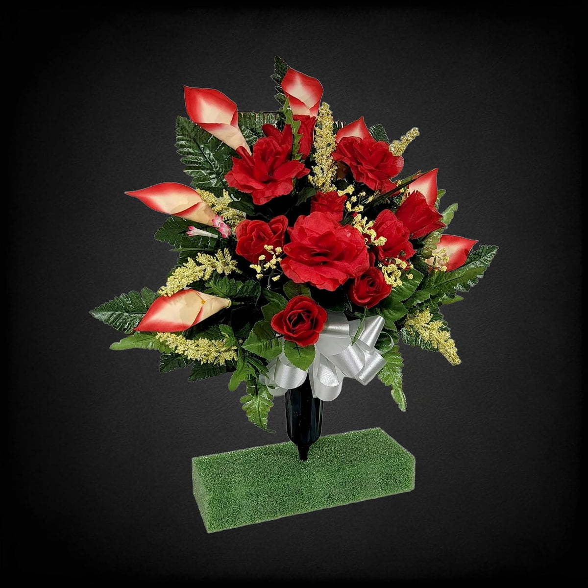 Realistic Artificial Cemetery Flowers - Silk Faux Floral Red Rose and Calla Lily Bouquet for Grave - Headstone Decoration - Memorial Flowers