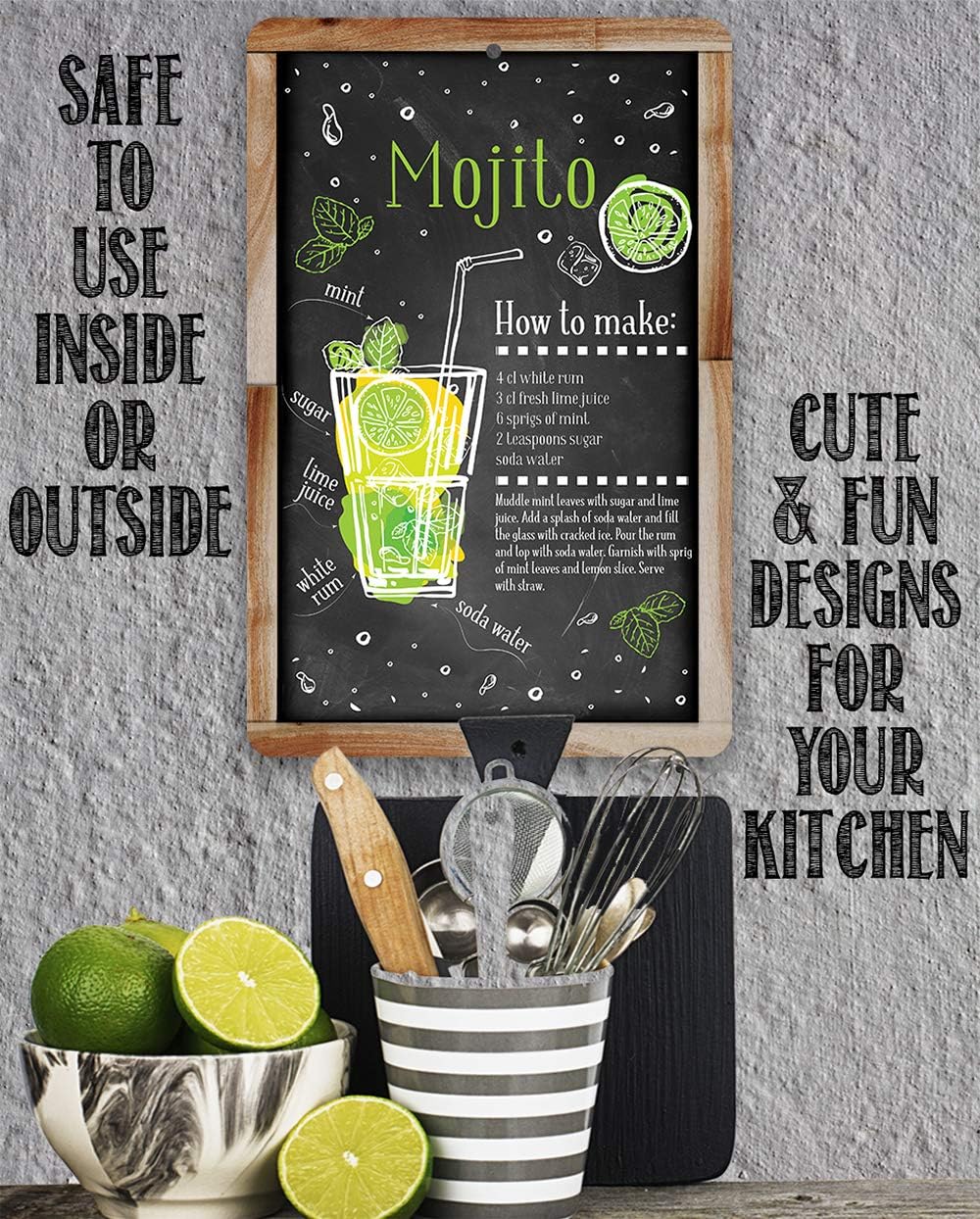 Mojito Bar Recipe - Great Home Bar and Shed Decor, Kitchen and Bar Restaurant Display, Cocktail Drink Mix Decoration, 12x18 Indoors or Outdoors Durable Chalkboard Wood Framed Style Metal Sign