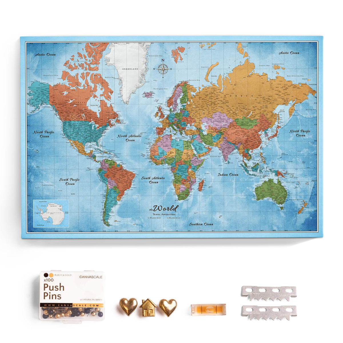 Canvas World Map with Cork Pin Board - English Lettering - Decorative Wall Decoration for All Rooms - Canvas Pictures with World Map Motif (70x50 cm, Pattern 20)