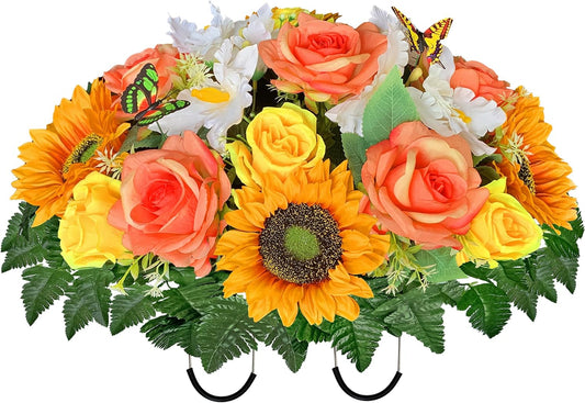 Artificial Cemetery Flower, Headstone Flower Saddle for Grave Decoration | Variety of Colors and Sunflower Rose in a Large Constructed Headstone Saddle