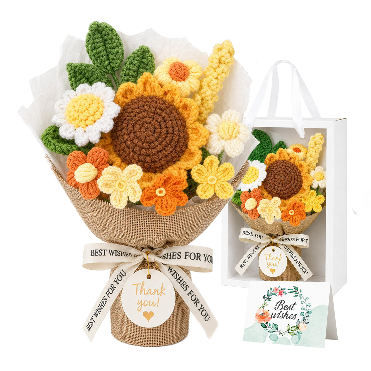 Crochet Flowers Bouquet,Blue Handmade Knitted Bouquet with Gift Box | Crochet Rose Bouquet Gift for Mom Teacher Nurse, Thank You Birthday Graduation Home Desk Decor