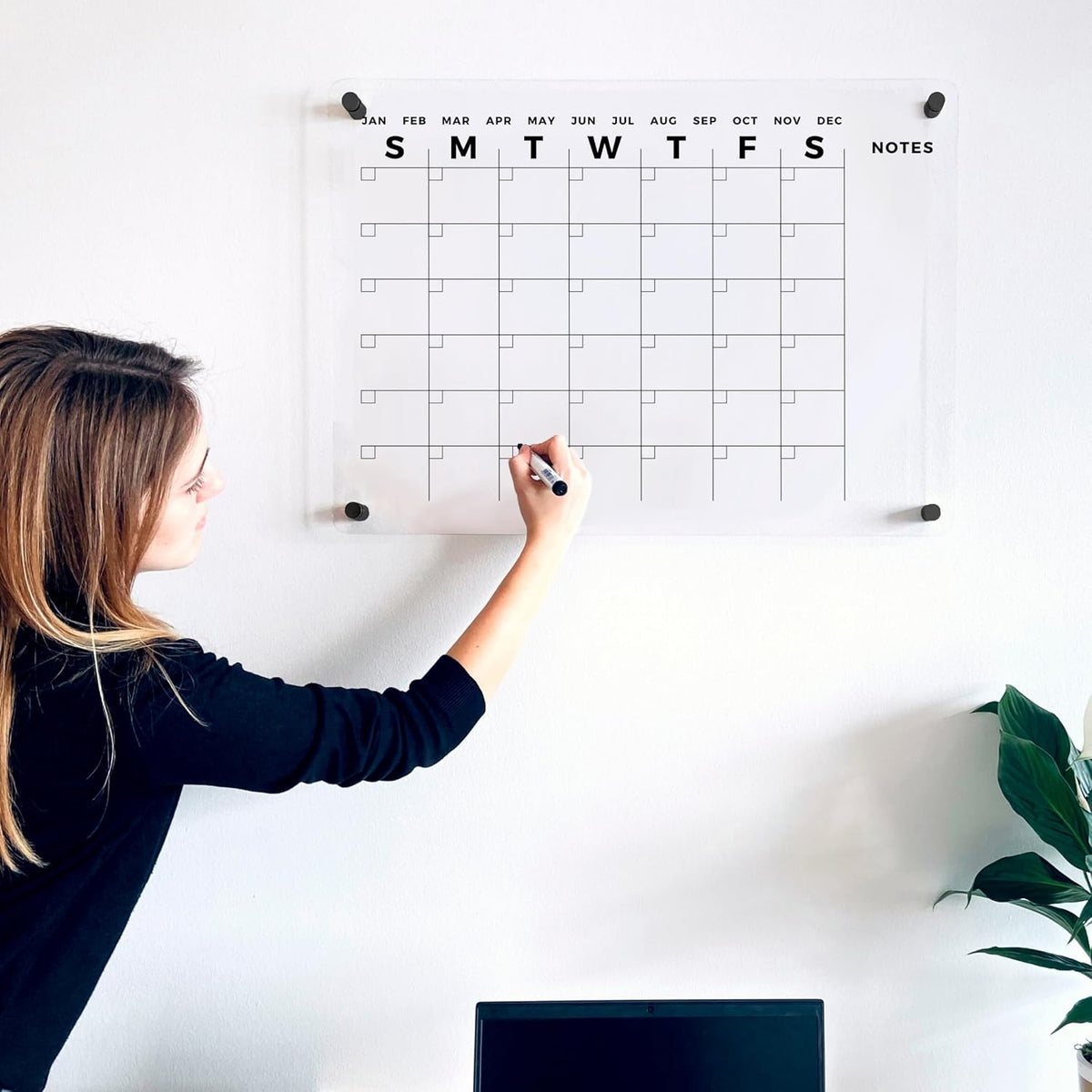 Acrylic Wall Premium Calendar with Black Hardware - Monthly and Weekly Board Family Planner - Dry Erase Calendar Family Calendar - Marker (Black Standoff, 24”x18” (Regular))