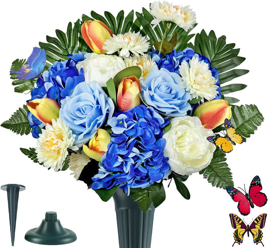 Artificial Cemetery Flowers for Grave,Memorial Flowers Bouquet with Vase for Headstones Decoration,Blue Rose Tulip Hydrangea