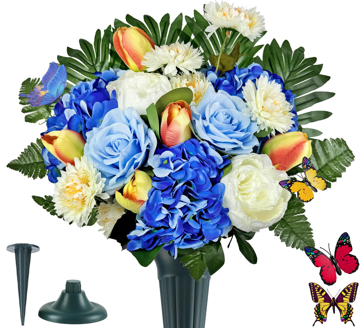 Artificial Cemetery Flowers for Grave,Memorial Flowers Bouquet with Vase for Headstones Decoration,Purple Rose Hibiscus Cymbidium Berry