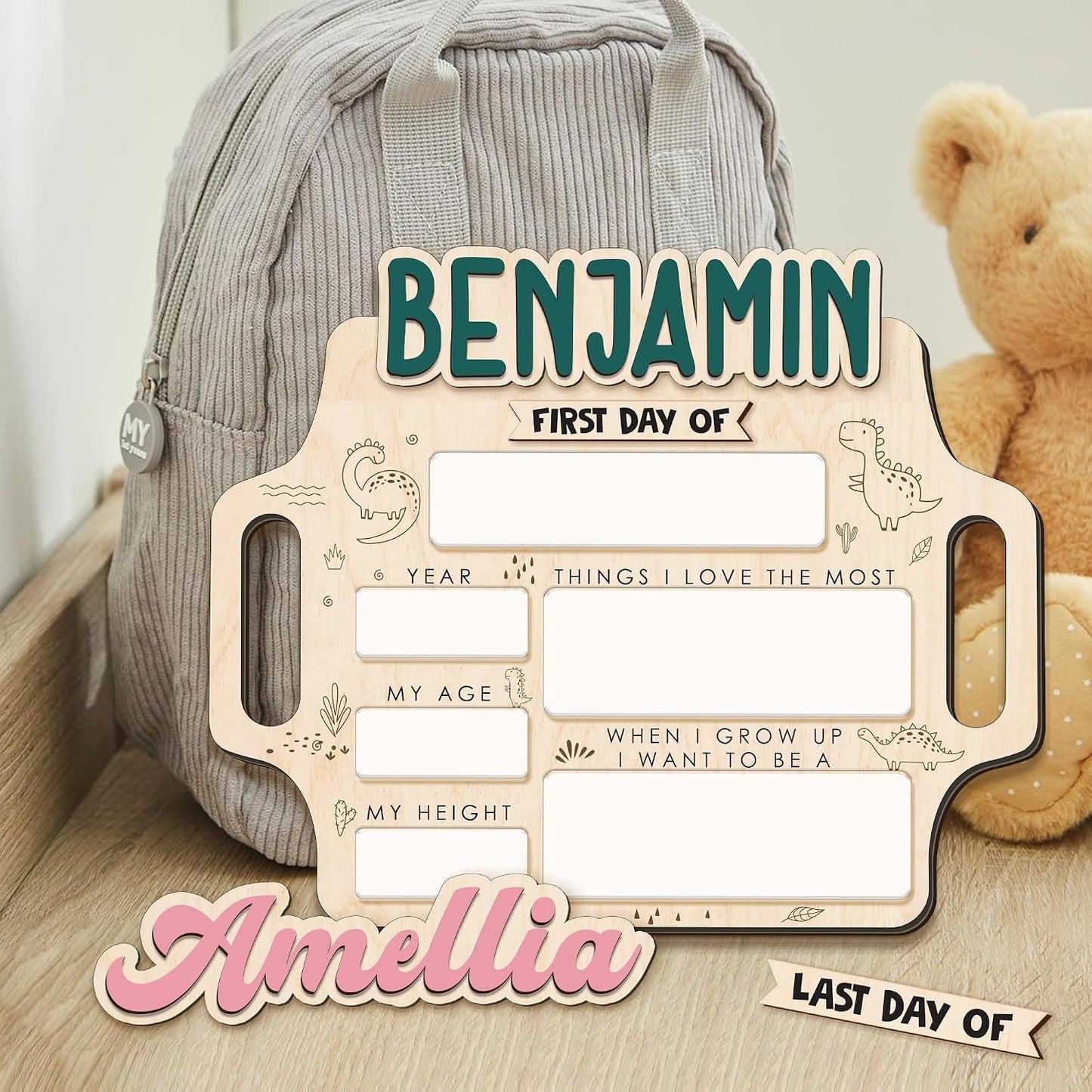 Custom First and Last Day of School Board with Wooden Name, Reusable Dry Erase School Milestone Sign for Preschool, Kindergarten & Pre-K, Back to School Photo Prop with Marker (D18)