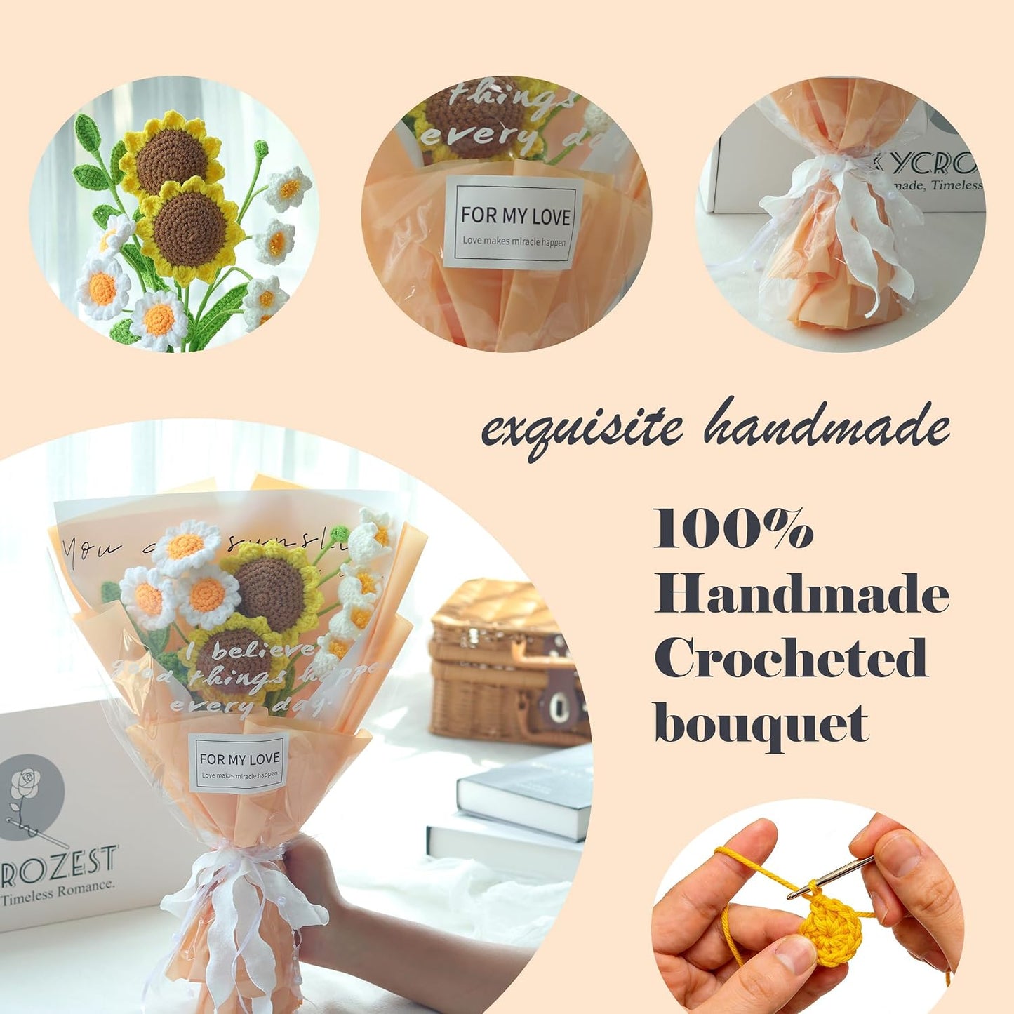 Handmade Crochet Sunflower Bouquet with White Daisy | 5 stems, 17.7x11.8 in; sunflowers, eucalyptus, white daisy; cotton yarn; handcrafted; gift wrapped
