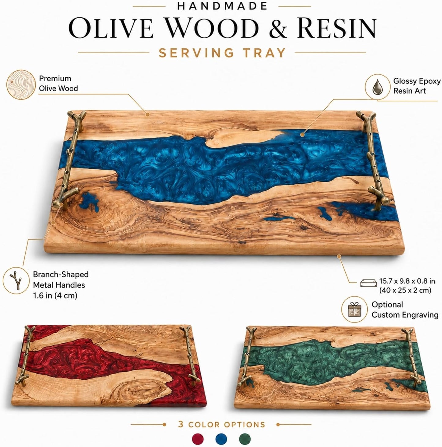 Personalized Olive Wood and Resin Charcuterie Serving Tray with Handle, Premium River Epoxy Cheese Boards for Wedding, Housewarming Blue