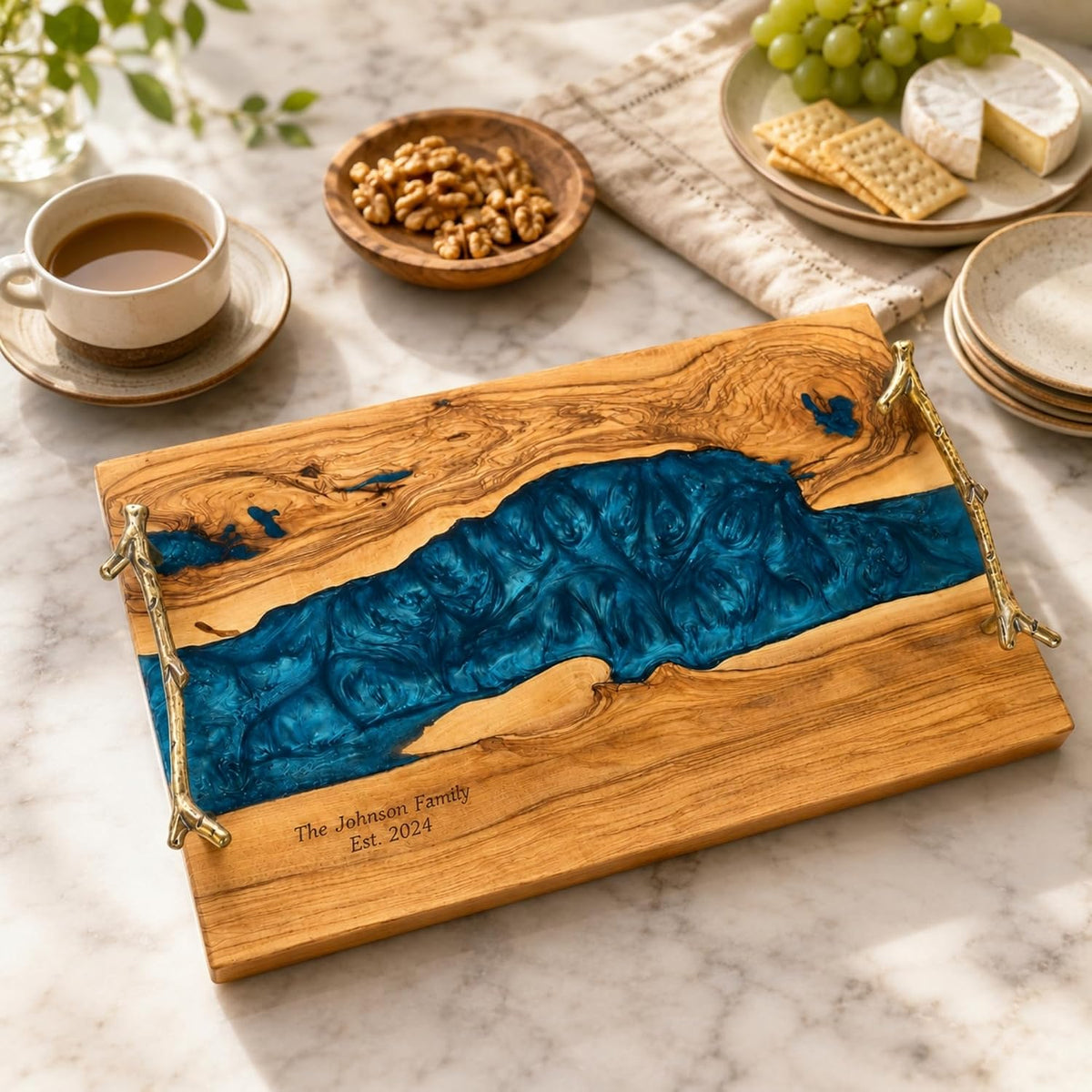 Personalized Olive Wood and Resin Charcuterie Serving Tray with Handle, Premium River Epoxy Cheese Boards for Wedding, Housewarming Blue
