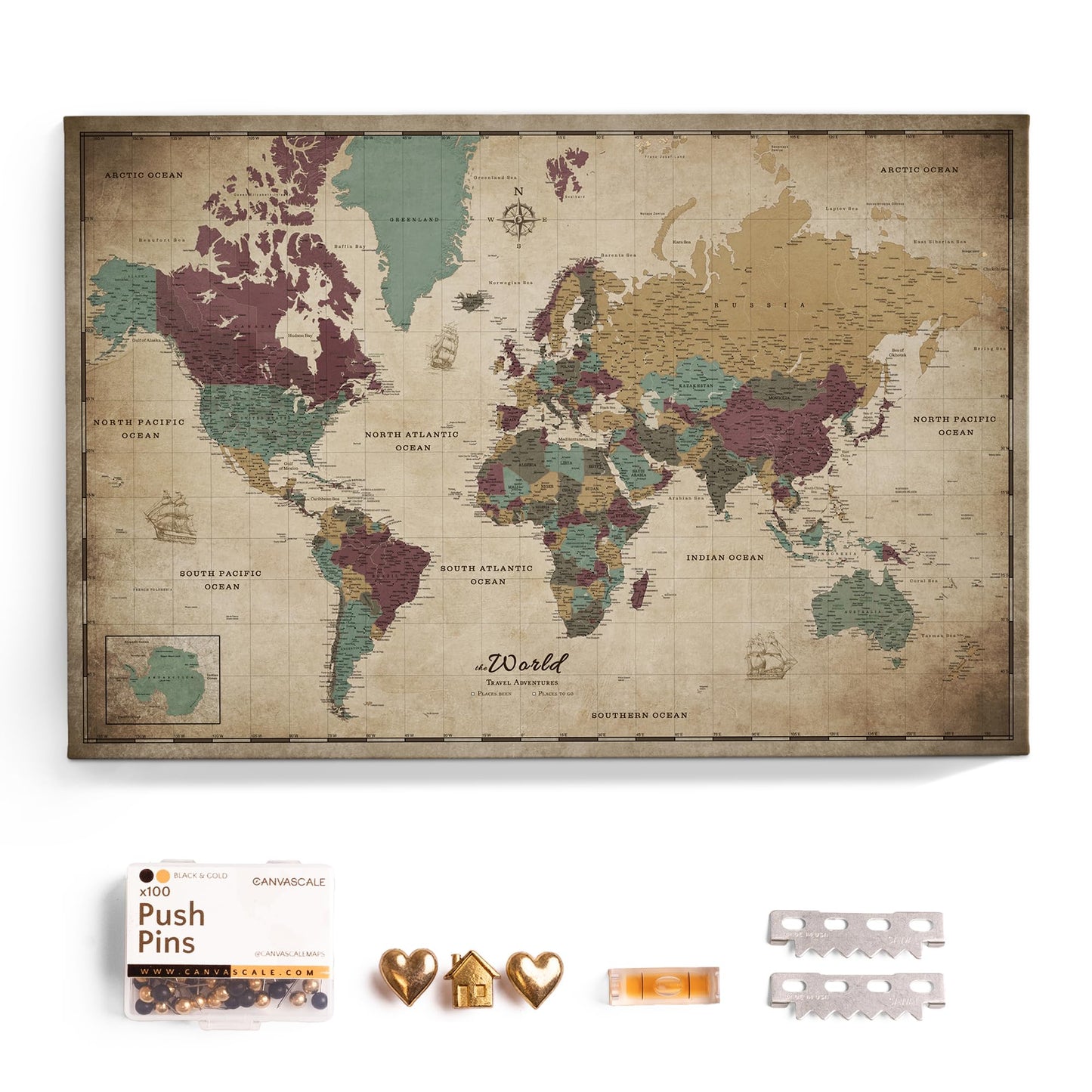 Canvas World Map with Cork Pin Board - English Lettering - Decorative Wall Decoration for All Rooms - Canvas Pictures with World Map Motif (70x50 cm, Pattern 20)