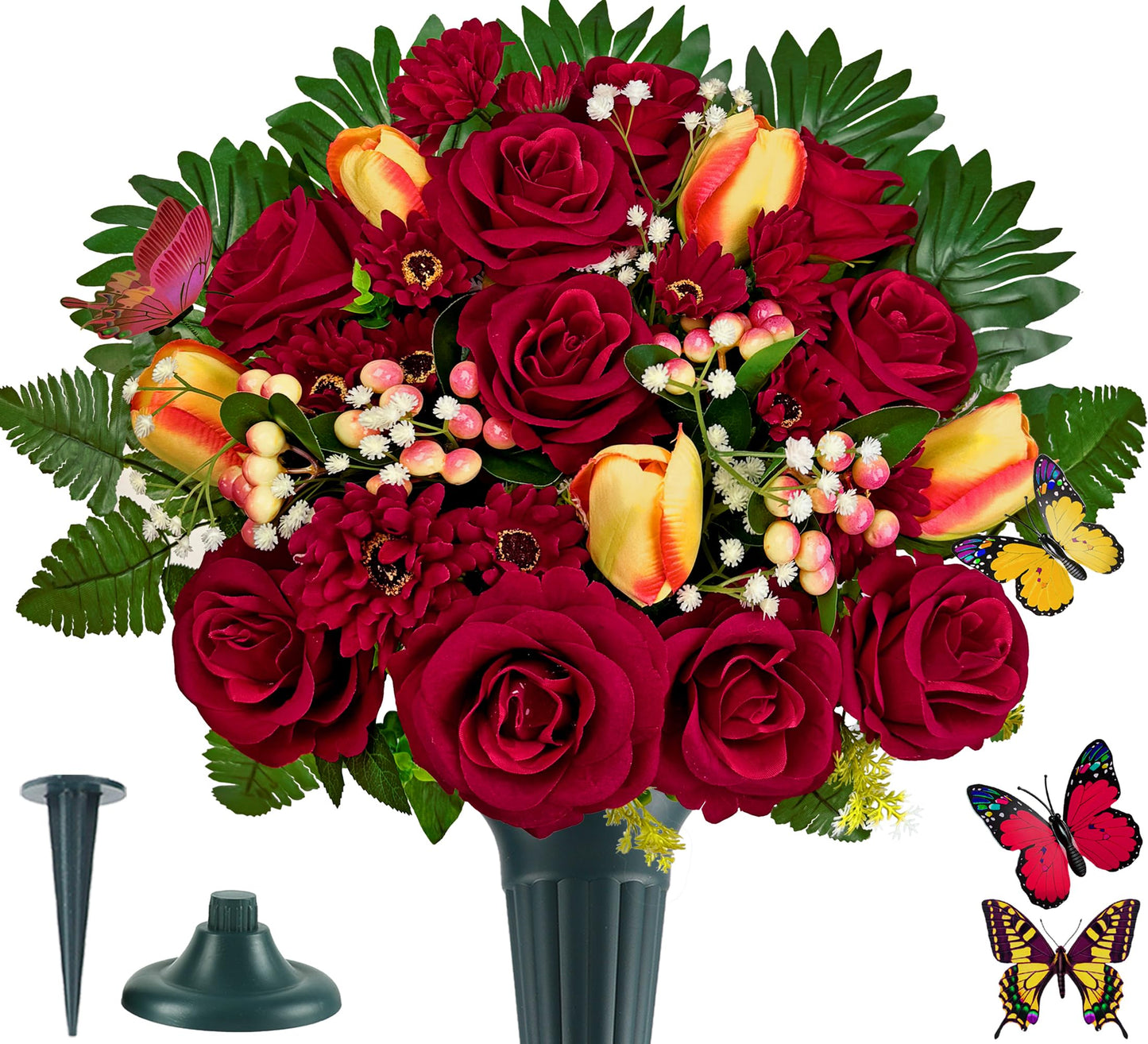 Artificial Cemetery Flowers for Grave,Memorial Flowers Bouquet with Vase for Headstones Decoration,Bright and Vibrant Sunflower Rose Daisy