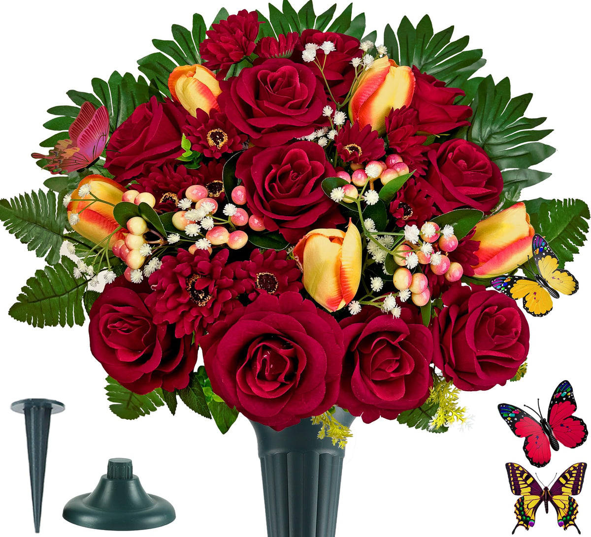 Artificial Cemetery Flowers for Grave,Memorial Flowers Bouquet with Vase for Headstones Decoration,Blue Rose Tulip Hydrangea