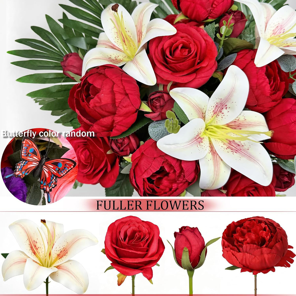 Artificial Cemetery Flowers for Grave Vase， Headstone Silk Flower Arrangement, Graveside Decoration- Vibrant Red Camellia Rose Lily Mix Bouquet, Tombstone Memorial Flowers
