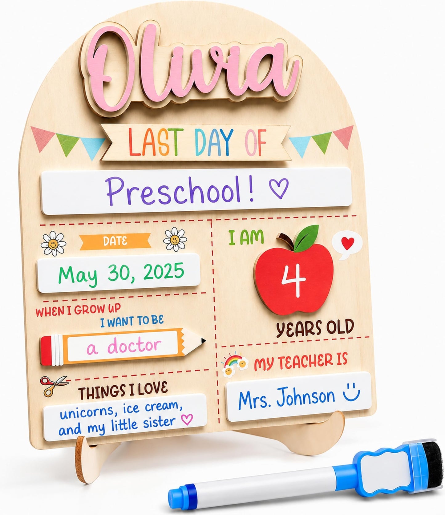 First & Last Day of School Board with Personalized Wood Name, Reusable Dry Erase School Sign for Preschool, Pre-K & Kindergarten, Back to School Keepsake Gift, Includes Marker (D19)