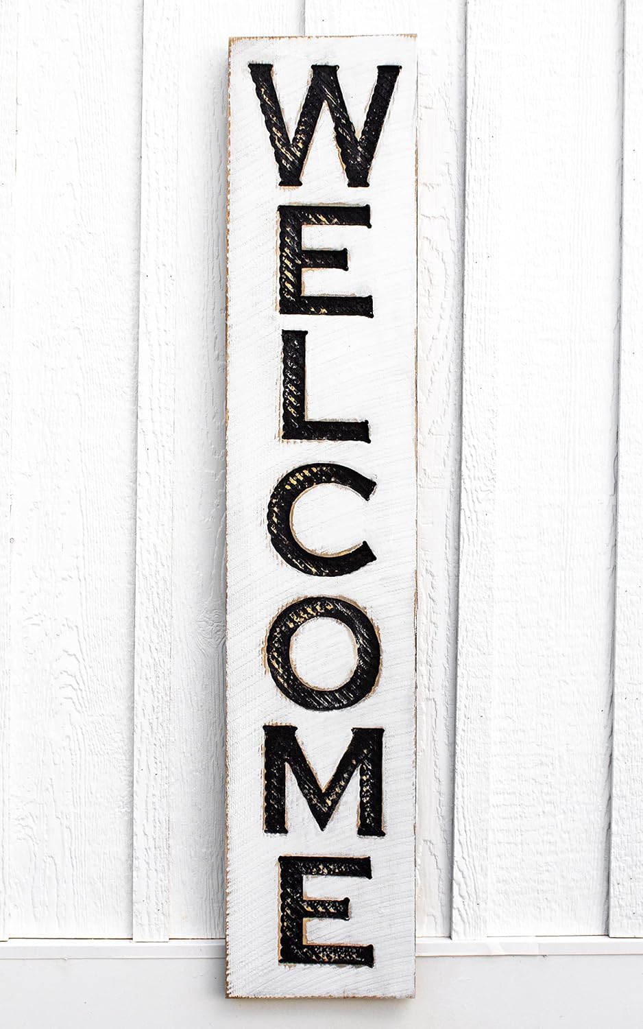 Large Vertical Welcome Sign - Carved Wood Board Rustic Distressed Porch Farmhouse Style Restaurant Cafe Wooden Wall Art Decoration (Available in 3 Sizes: 8" x 40", 10" x 48" and 12" x 60")