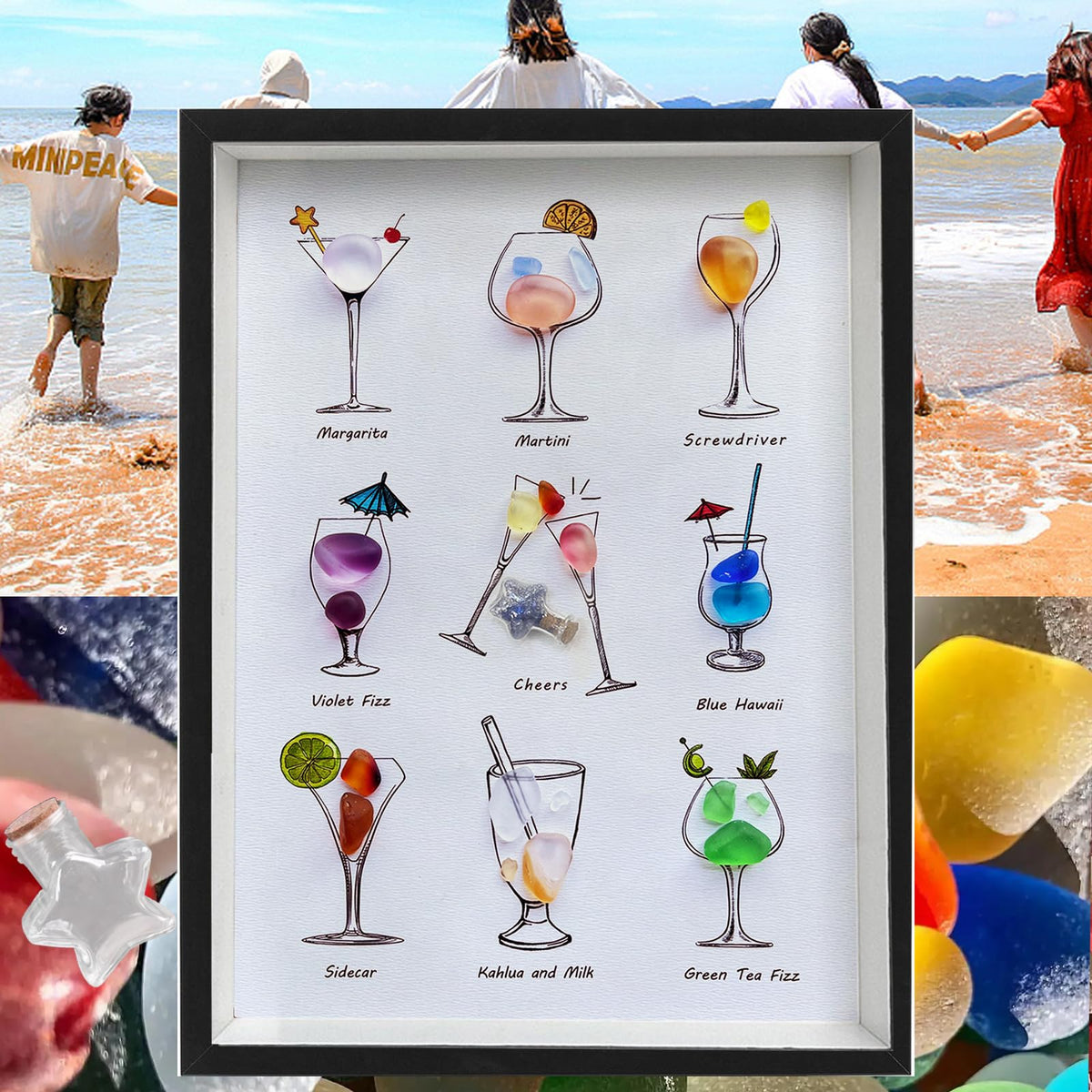 MEAKEO Sea Glass Birds Wall Art with Frame,Handmade Seaglass Rainbow Birds,Decorative Branch and Dried Flowers Accents,Sea Glass Friendship Gift for Home Decor,and Gift Ideas