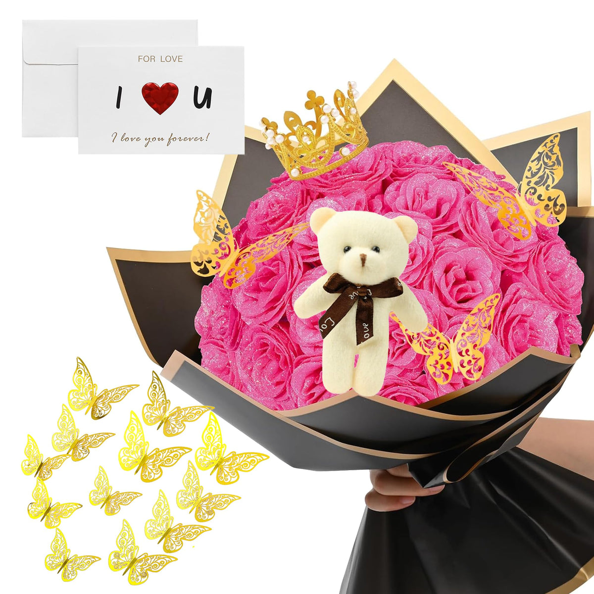 Light Pink Glitter Flower Bouquet, 36 Pcs DIY Artificial Glitter Rose Bouquet with Bear & Butterfly & Golden Crown, Eternal Flowers Gifts for Her, Girlfriend, Valentines, Birthday, Mother's Day