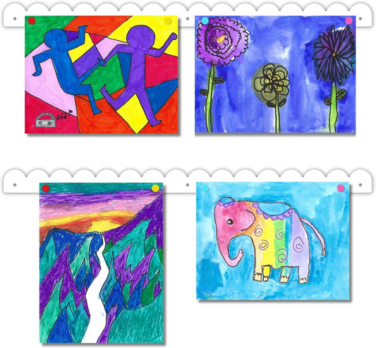 Scalloped Magnetic Art Display for Kids Artwork & Photos (Set of 2) – Kids Artwork Display for Wall – Magnetic Photo Display Strips with Push-Pin Magnets (White, 23in)