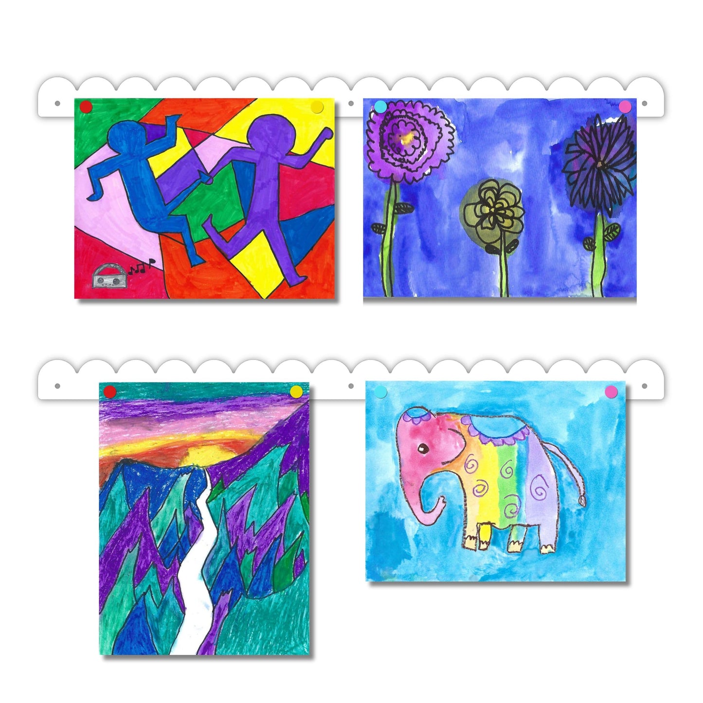Scalloped Magnetic Art Display for Kids Artwork & Photos (Set of 2) – Kids Artwork Display for Wall – Magnetic Photo Display Strips with Push-Pin Magnets (White, 23in)