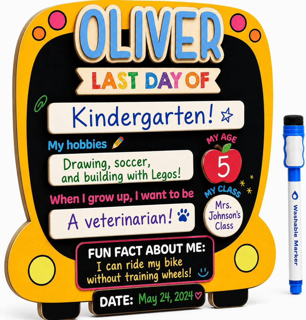 Personalized School Milestone Board, First & Last Day of School Sign with Custom Wooden Name, Reusable Dry Erase Board for Preschool, Kindergarten, Elementary Kids, 8x10/10x12 (D20)