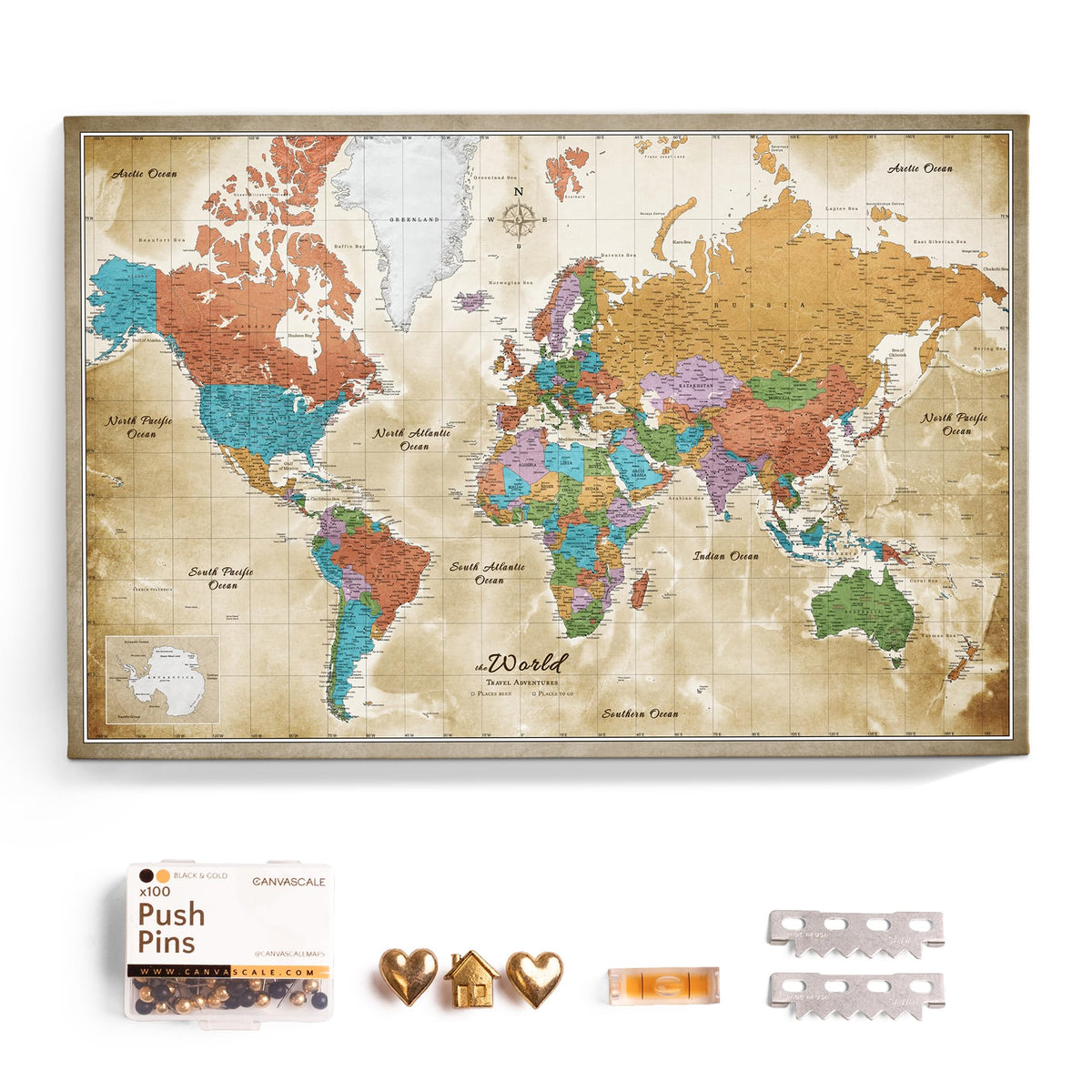Canvas World Map with Cork Pin Board - English Lettering - Decorative Wall Decoration for All Rooms - Canvas Pictures with World Map Motif (70x50 cm, Pattern 20)