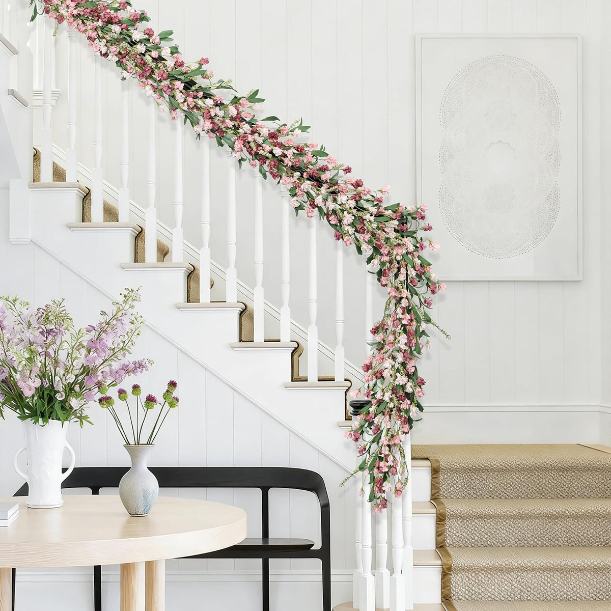 6ft Spring Summer Flower Garland, Artificial Floral Vine for Wall Backdrop Mantle Fireplace Stair Table Wedding Arch, All Season Home Door Porch Decor (Pink)