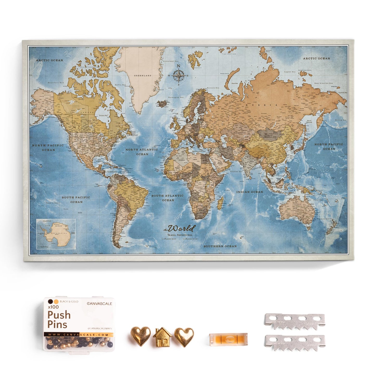 Canvas World Map with Cork Pin Board - English Lettering - Decorative Wall Decoration for All Rooms - Canvas Pictures with World Map Motif (70x50 cm, Pattern 20)