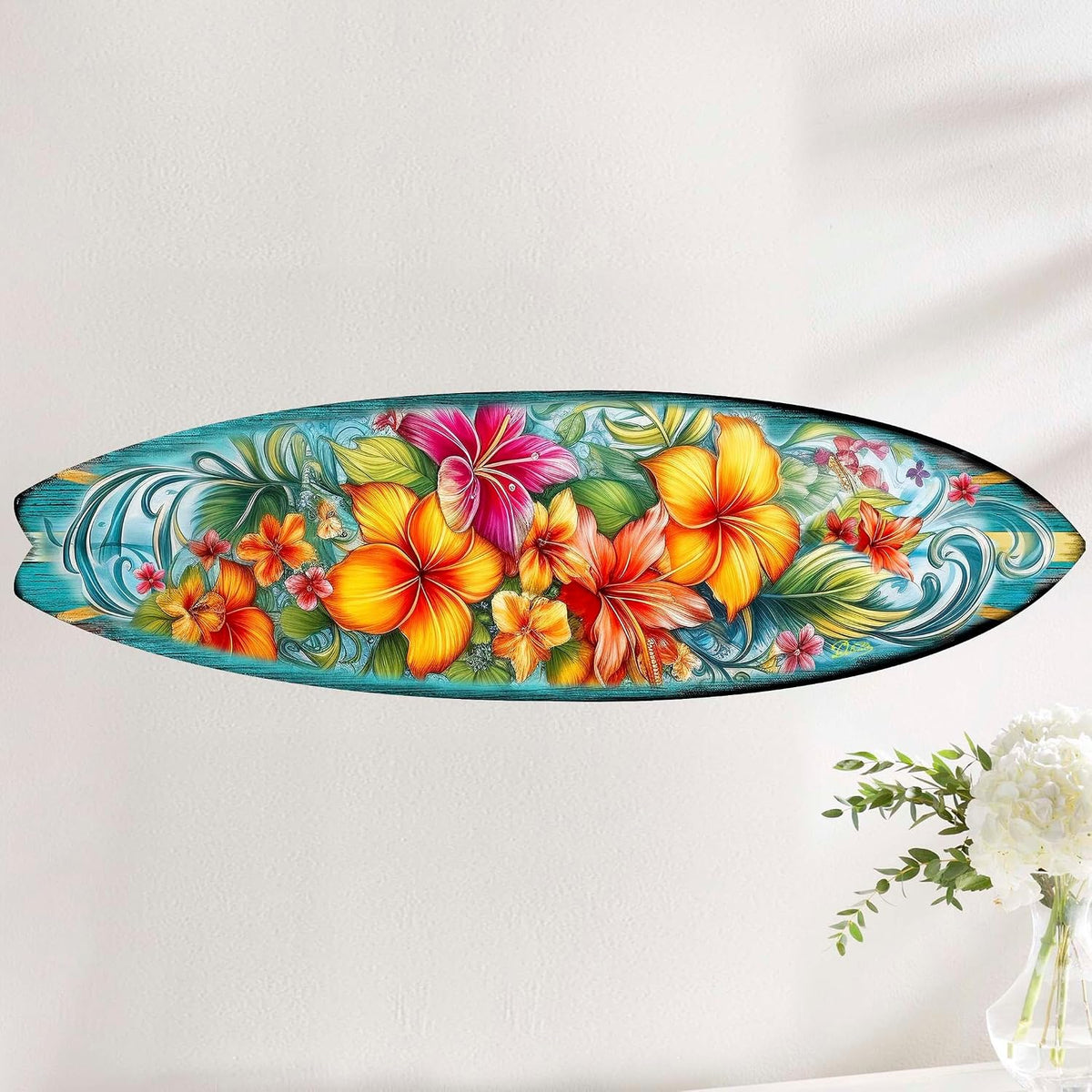 48-inch Hawaiian Flowers Surfboard Wall Art, Handcrafted Coastal Holiday Décor by G. Debrekht