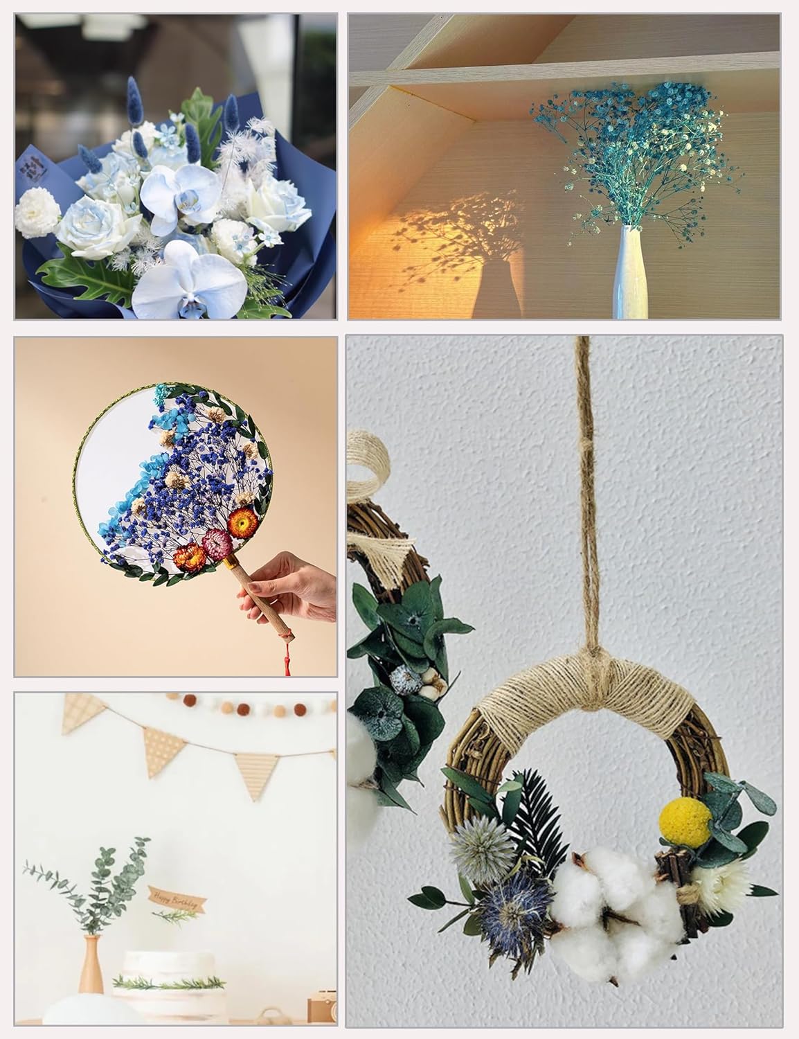 xin's convey DIY Natural Preserved Flower Kit, Wholesale Preserved Flowers for Vases, Preserved Flowers with Stems, Mini Bouquets, Hydrangeas, Eucalyptus Leaves. (Blue)