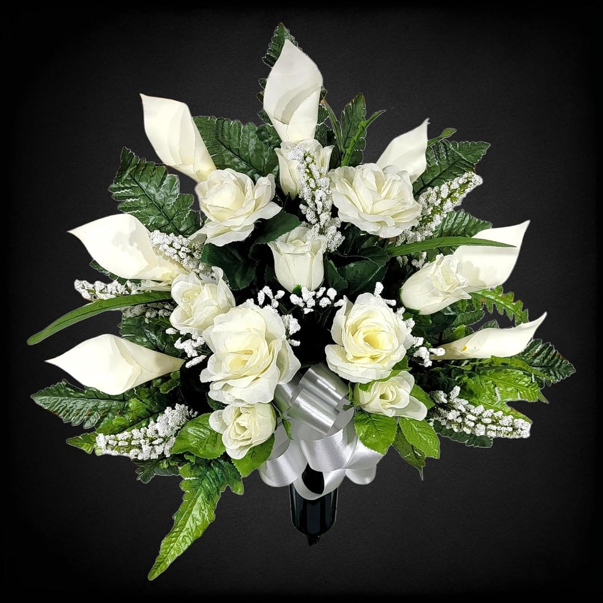 Realistic Artificial Cemetery Flowers - Silk Faux Floral Cream Rose and Calla Lily Bouquet for Grave - Headstone Decoration - Memorial Flowers