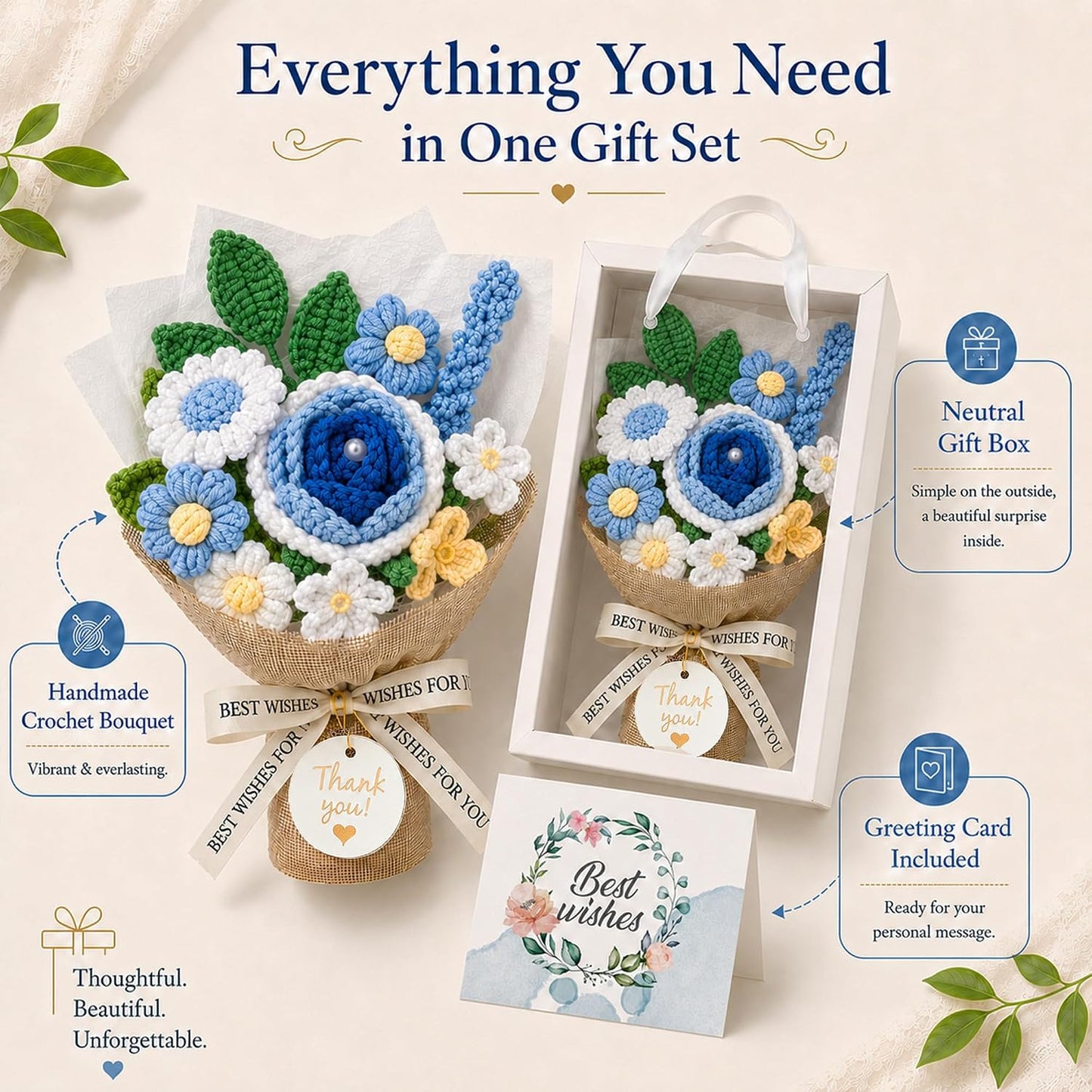 Crochet Flowers Bouquet,Blue Handmade Knitted Bouquet with Gift Box | Crochet Rose Bouquet Gift for Mom Teacher Nurse, Thank You Birthday Graduation Home Desk Decor