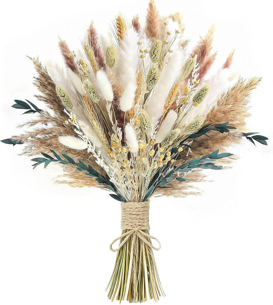 xin's convey 126pcs Dried Pampas Grass Decorations, Dried Flowers Bouquet, Reed Grass Bouquet for Boho Floral Wedding, Bedroom, Rustic Farmhouse Decor. (White)