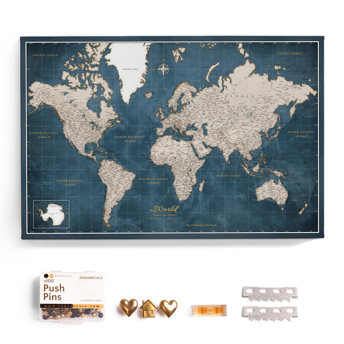 Canvas World Map with Cork Pin Board - English Lettering - Decorative Wall Decoration for All Rooms - Canvas Pictures with World Map Motif (70x50 cm, Pattern 20)
