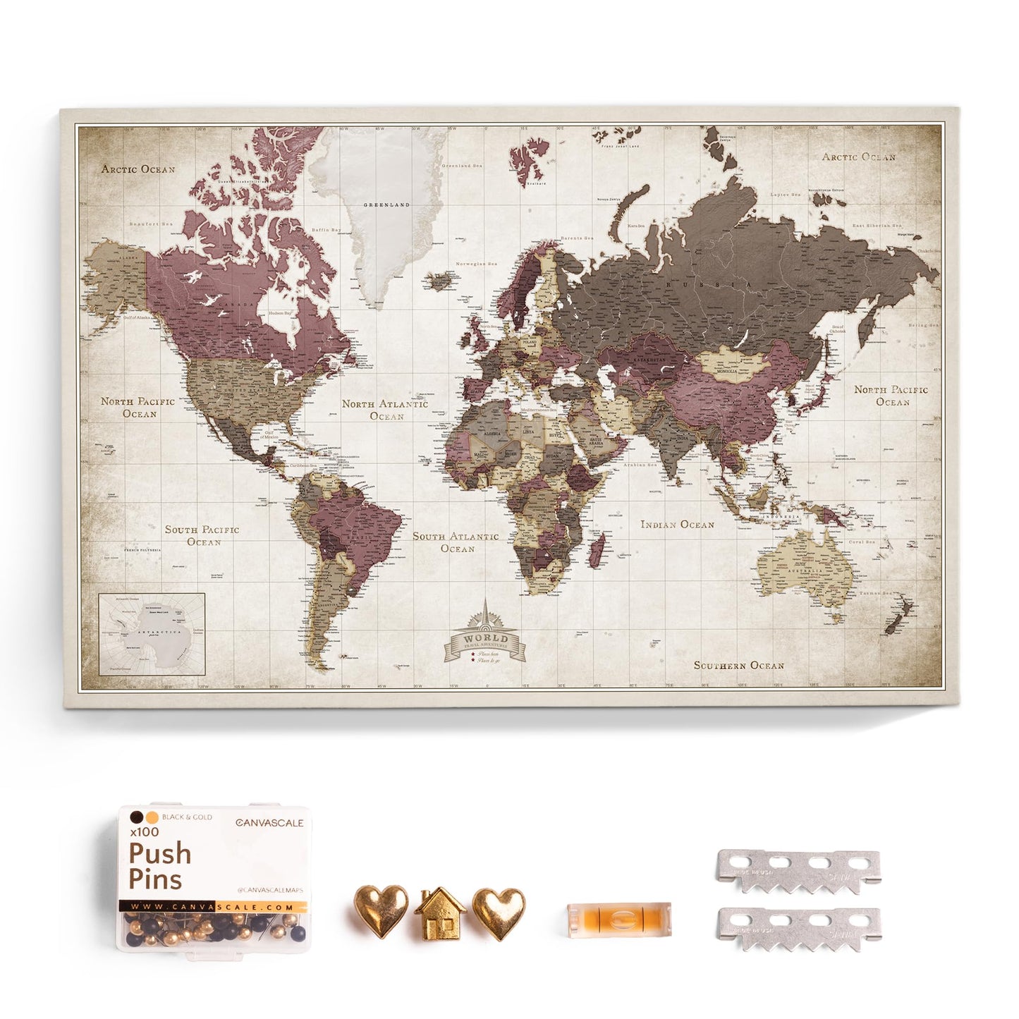 Canvas World Map with Cork Pin Board - English Lettering - Decorative Wall Decoration for All Rooms - Canvas Pictures with World Map Motif (70x50 cm, Pattern 20)