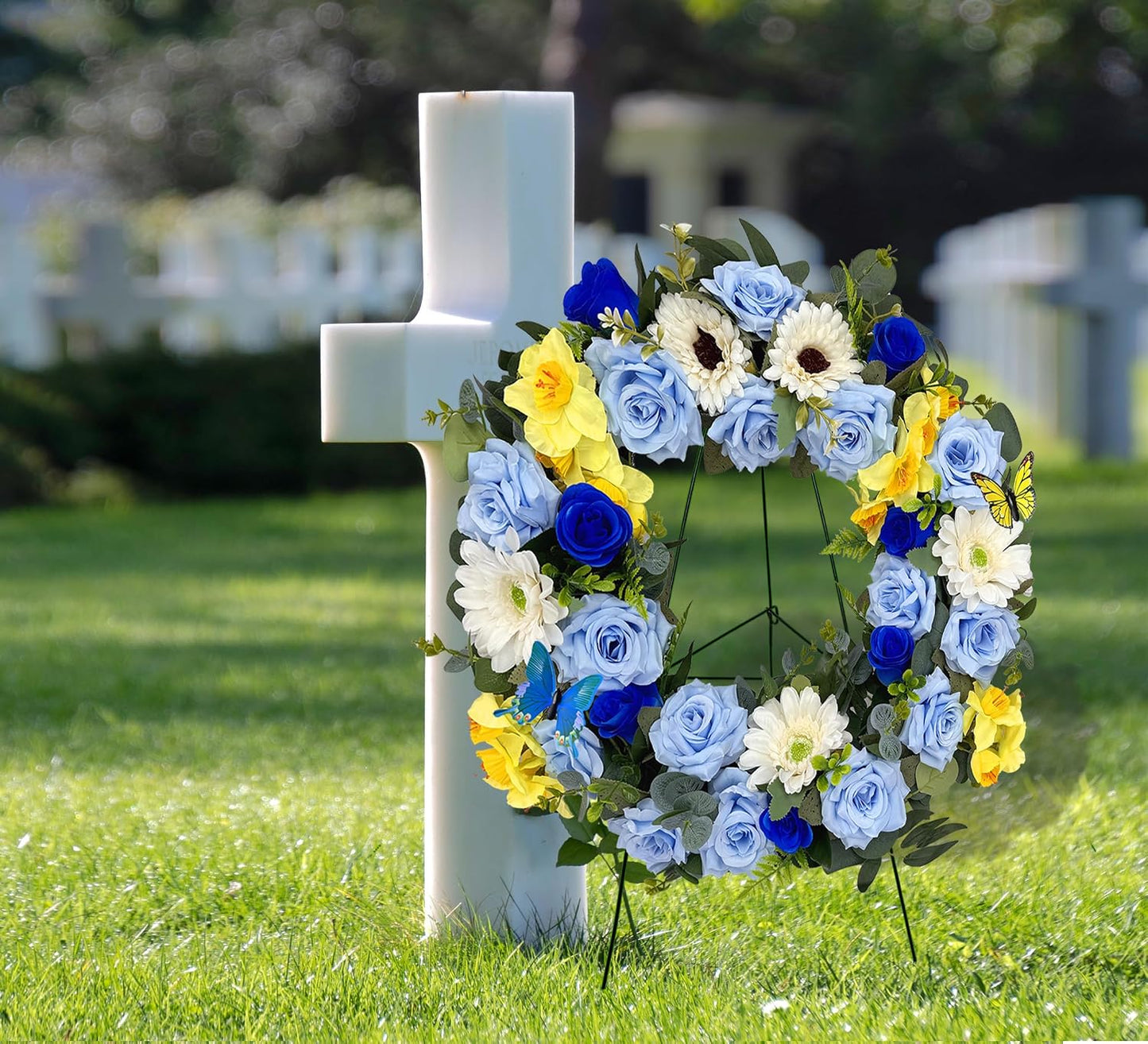 MUVIC Handmade Cemetery Wreath with Grave Holder, Artificial Flower Wreaths for Tombstone Decoration of Memorial Day/Mother's Day/Father's Day/Christmas,Blue,Yellow,White