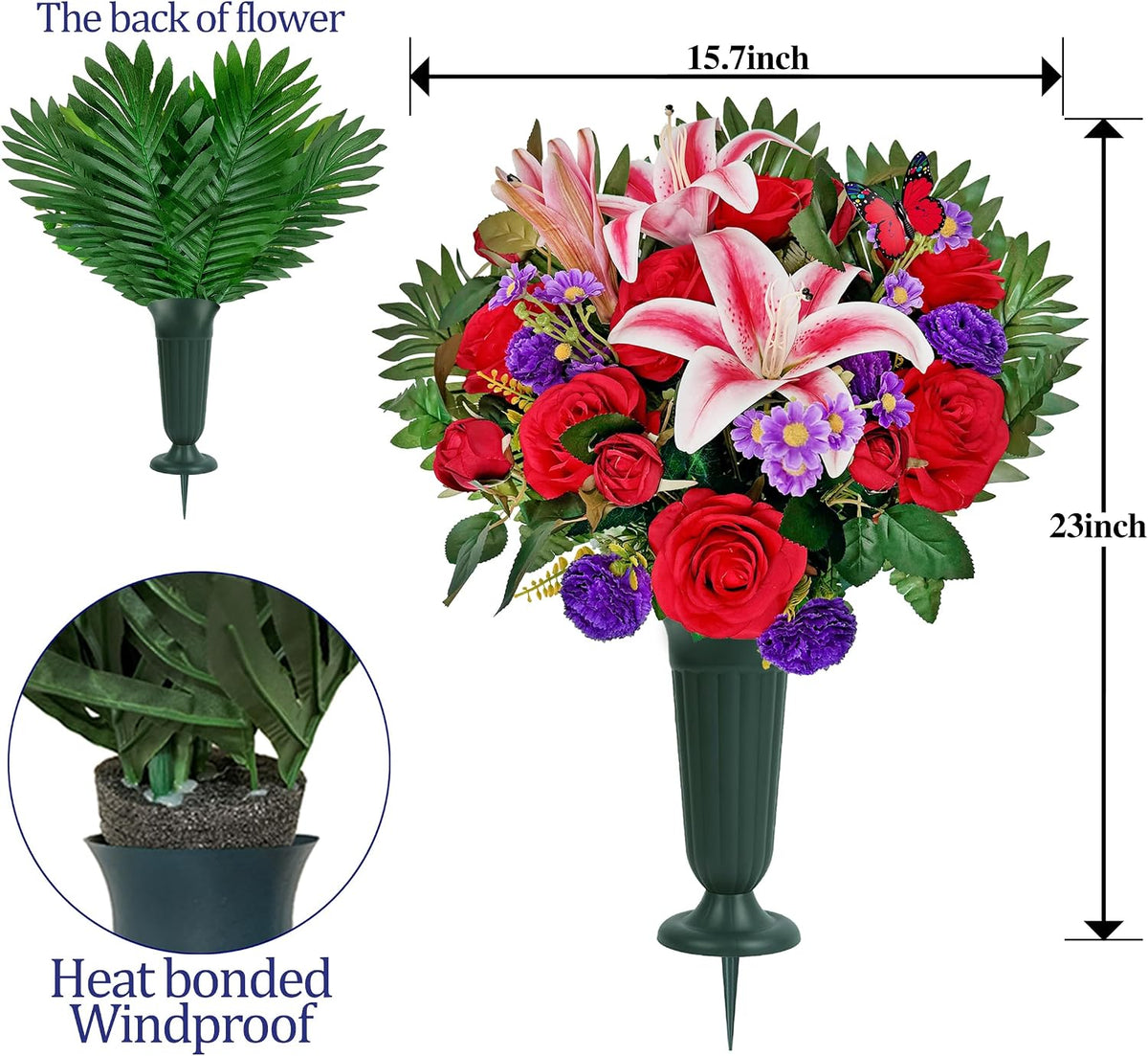 Artificial Cemetery Flower Bouquet, Grave Flower for Headstone Outdoor Decoration， Non-Fade and Easy Setup