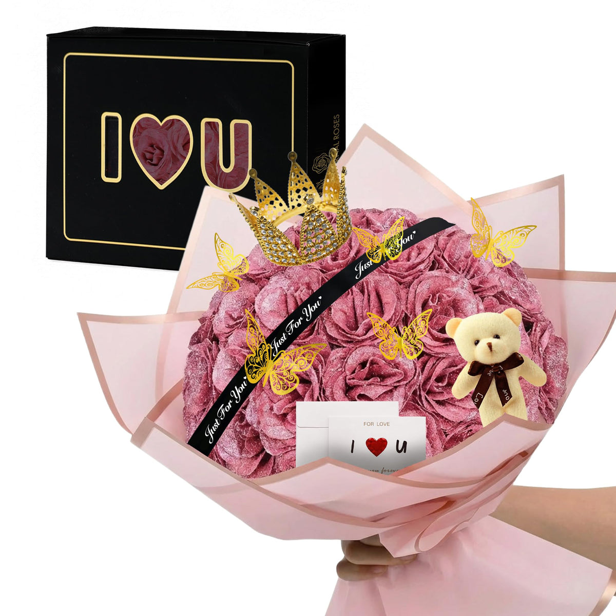 Light Pink Glitter Flower Bouquet, 36 Pcs DIY Artificial Glitter Rose Bouquet with Bear & Butterfly & Golden Crown, Eternal Flowers Gifts for Her, Girlfriend, Valentines, Birthday, Mother's Day