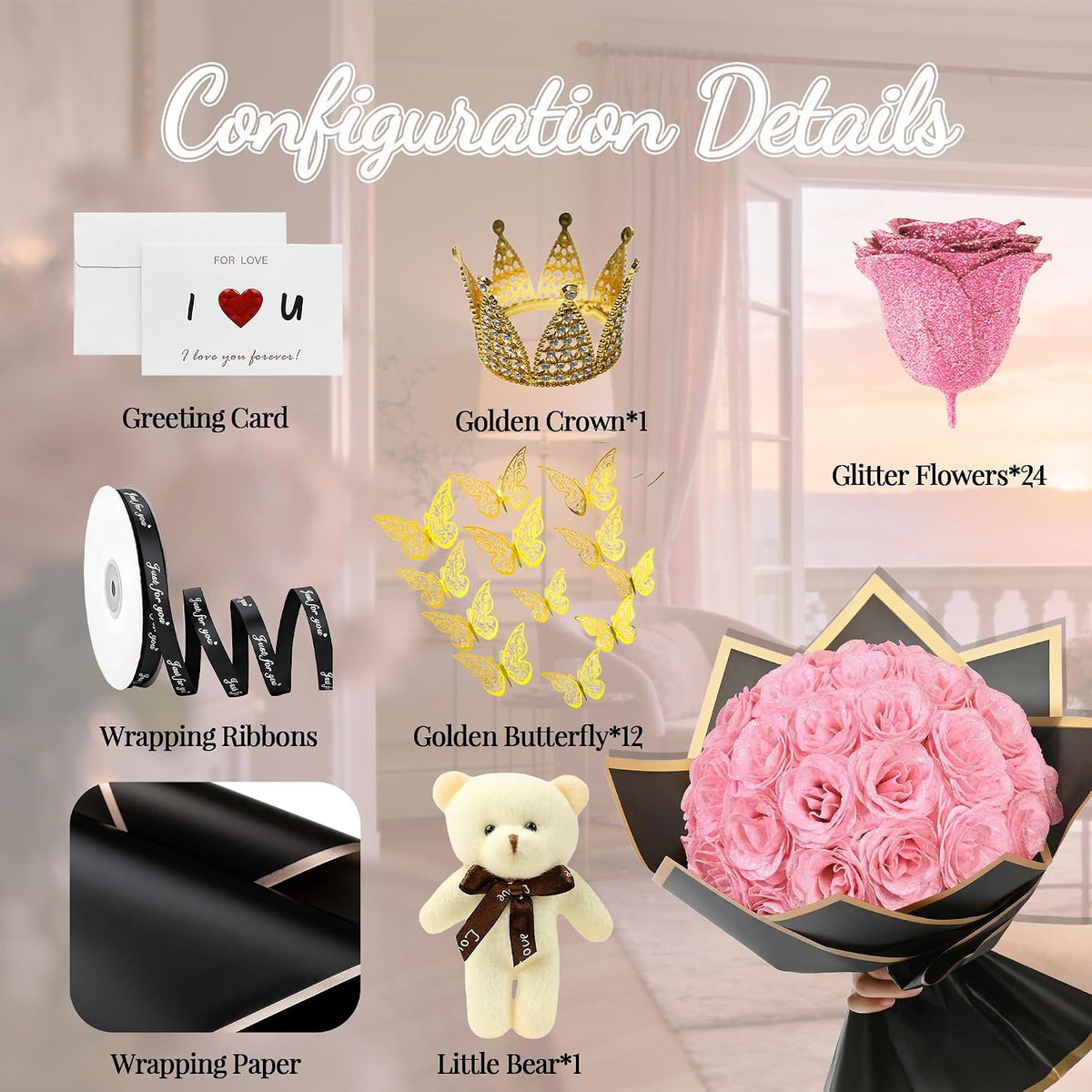 Light Pink Glitter Flower Bouquet, 36 Pcs DIY Artificial Glitter Rose Bouquet with Bear & Butterfly & Golden Crown, Eternal Flowers Gifts for Her, Girlfriend, Valentines, Birthday, Mother's Day