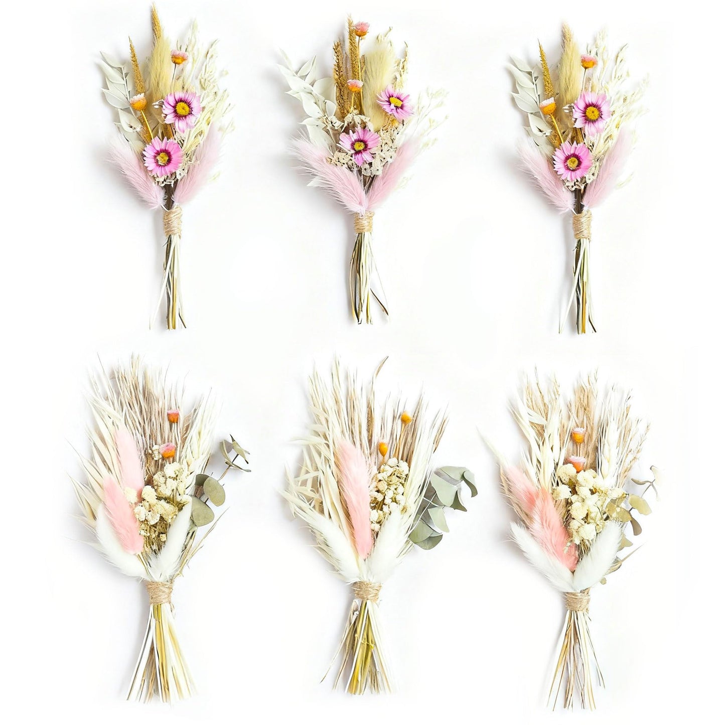 Mini Dried Flower Bouquet Set of 6, Pampas Grass Boho Wedding Table Centerpieces, Boutonniere for Men, Dry Flowers, Personalized Bridesmaid Gift Box, Small Bottles Decoration (Rose)