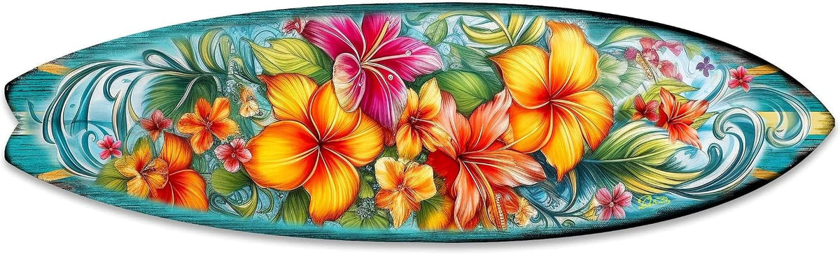 48-inch Hawaiian Flowers Surfboard Wall Art, Handcrafted Coastal Holiday Décor by G. Debrekht