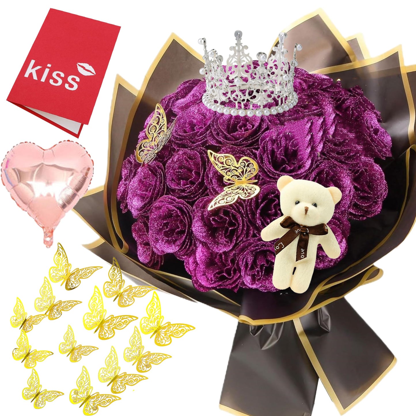Light Pink Glitter Flower Bouquet, 36 Pcs DIY Artificial Glitter Rose Bouquet with Bear & Butterfly & Golden Crown, Eternal Flowers Gifts for Her, Girlfriend, Valentines, Birthday, Mother's Day