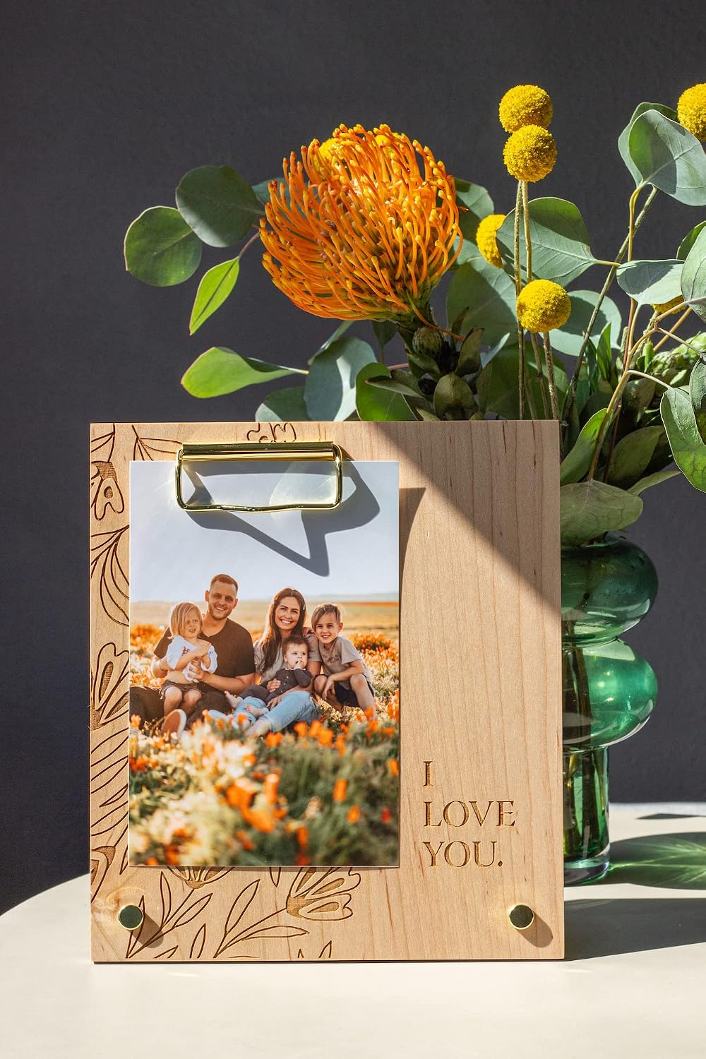 I Love You Floral Wood Frame [Custom Engraved Photo Holder, Display, Picture Clip, Clipboard, Wedding, Anniversary]