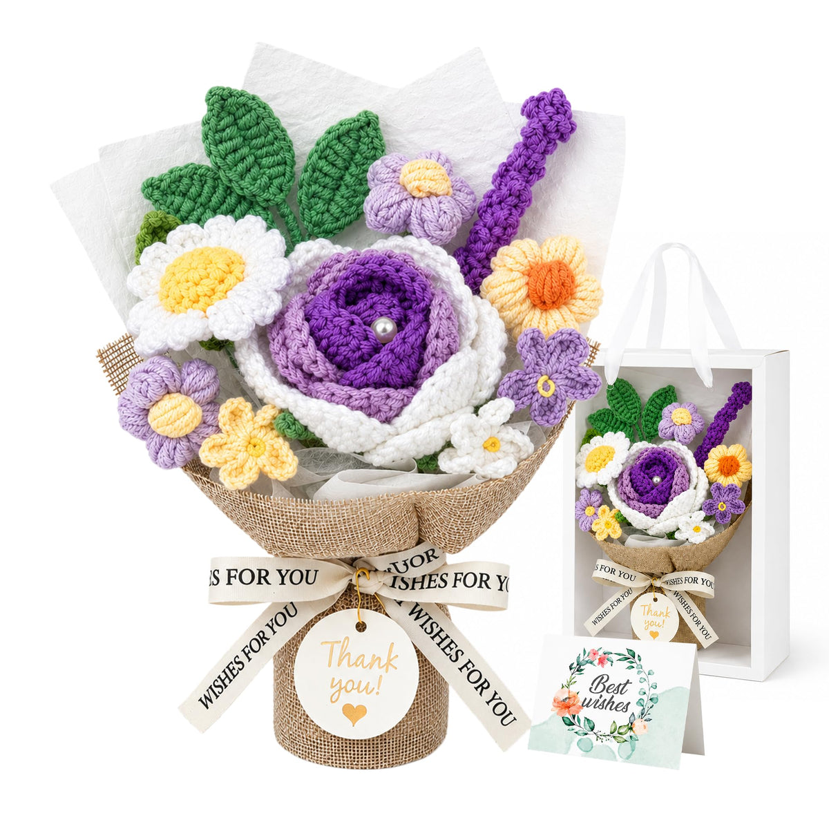 Crochet Flowers Bouquet,Blue Handmade Knitted Bouquet with Gift Box | Crochet Rose Bouquet Gift for Mom Teacher Nurse, Thank You Birthday Graduation Home Desk Decor