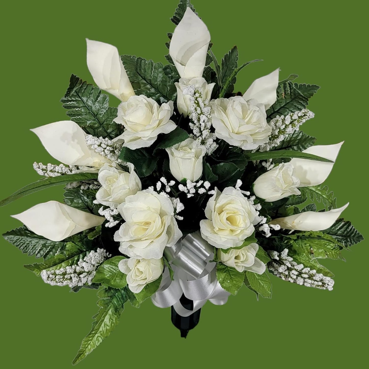 Realistic Artificial Cemetery Flowers - Silk Faux Floral Cream Rose and Calla Lily Bouquet for Grave - Headstone Decoration - Memorial Flowers