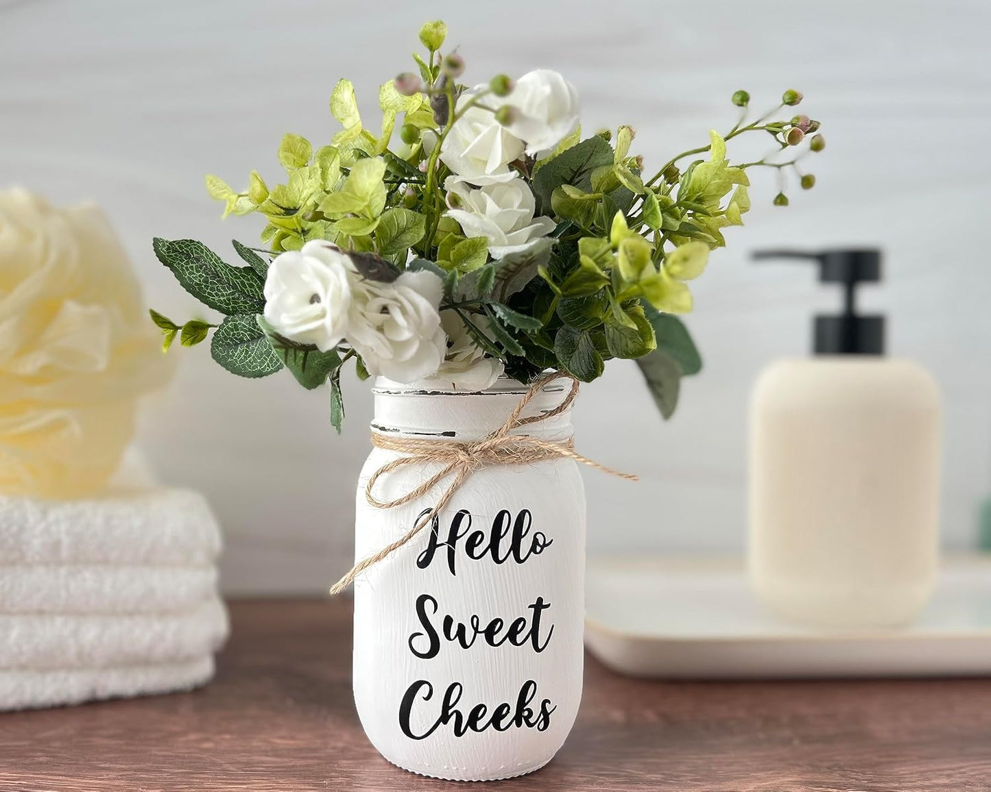 Hello Sweet Cheeks Bathroom Decor for Bathroom | Pint 16 oz, 7" Height | Hand Painted and Distressed Mason Jar Decor with Artificial Flowers | Rustic Farmhouse Funny Bathroom Decor for Shelf