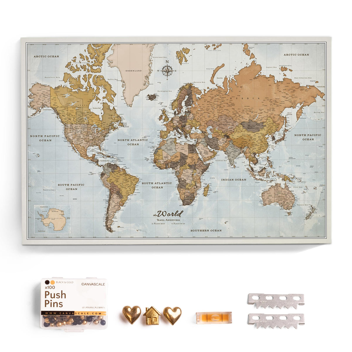 Canvas World Map with Cork Pin Board - English Lettering - Decorative Wall Decoration for All Rooms - Canvas Pictures with World Map Motif (70x50 cm, Pattern 20)