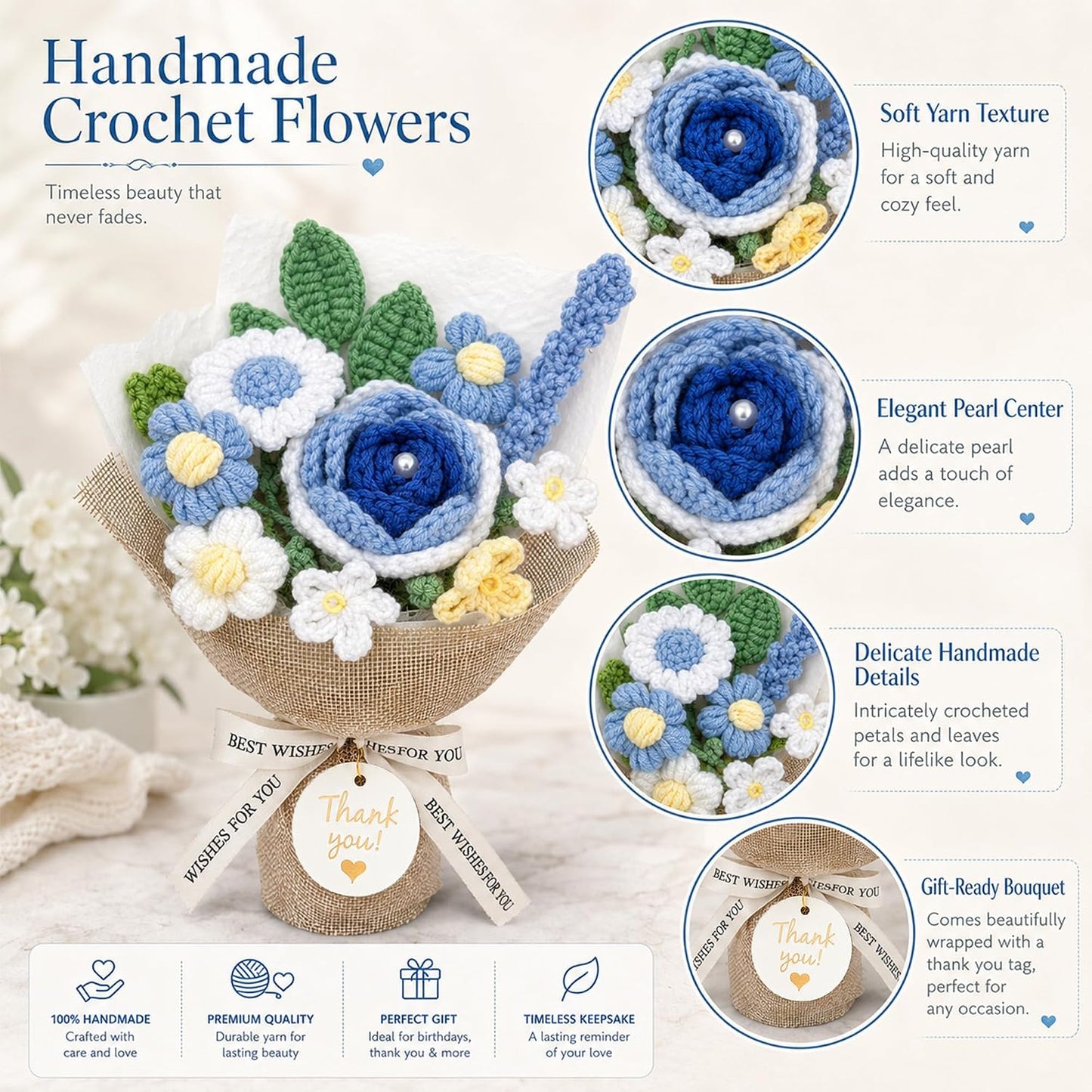 Crochet Flowers Bouquet,Blue Handmade Knitted Bouquet with Gift Box | Crochet Rose Bouquet Gift for Mom Teacher Nurse, Thank You Birthday Graduation Home Desk Decor