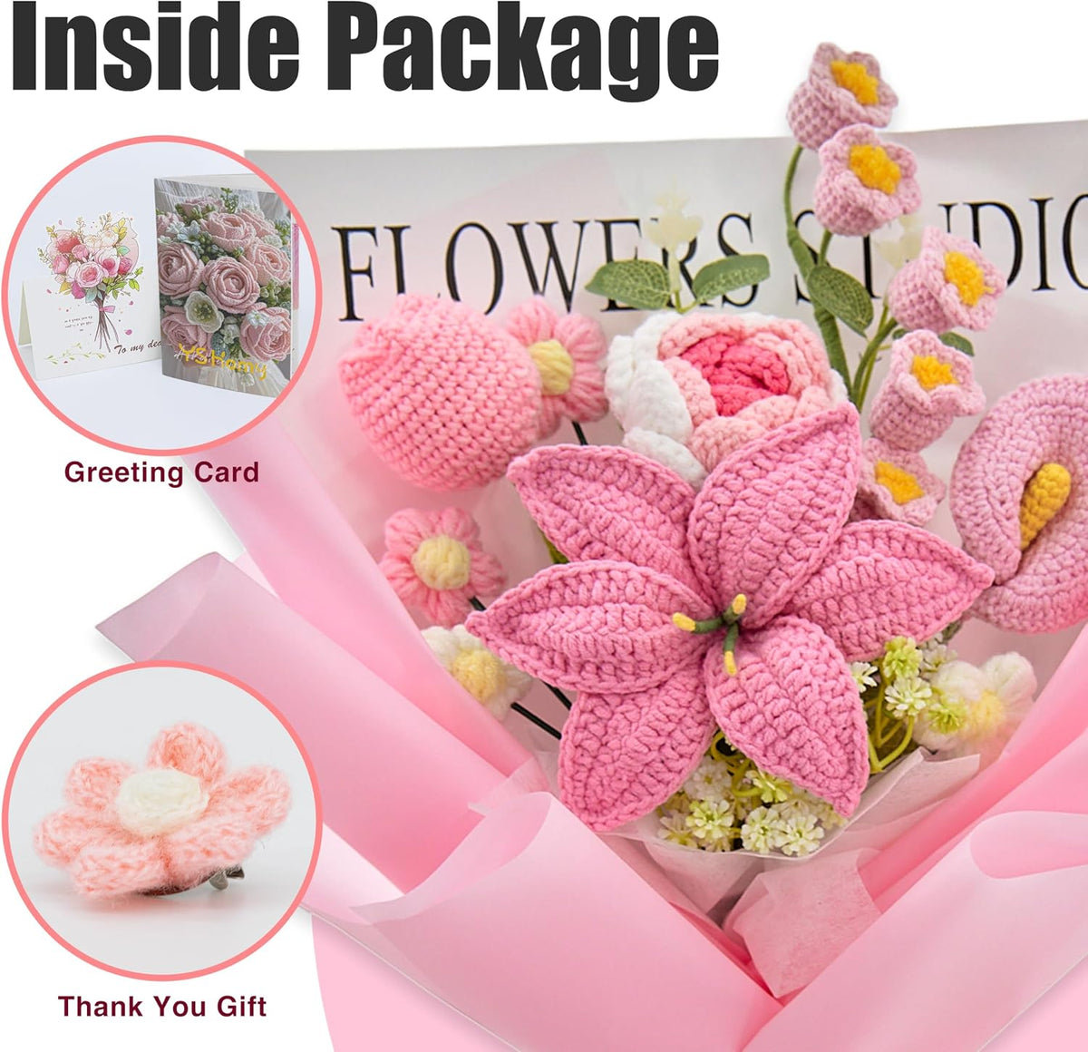 Crochet Flower Bouquet of Pink Lilies, Tulips, Roses, Lily of Valley | Flowers Gifts for Girlfriend,Mom,Granny,Graduation, Anniversary, Birthday Gifts, Christian Gifts
