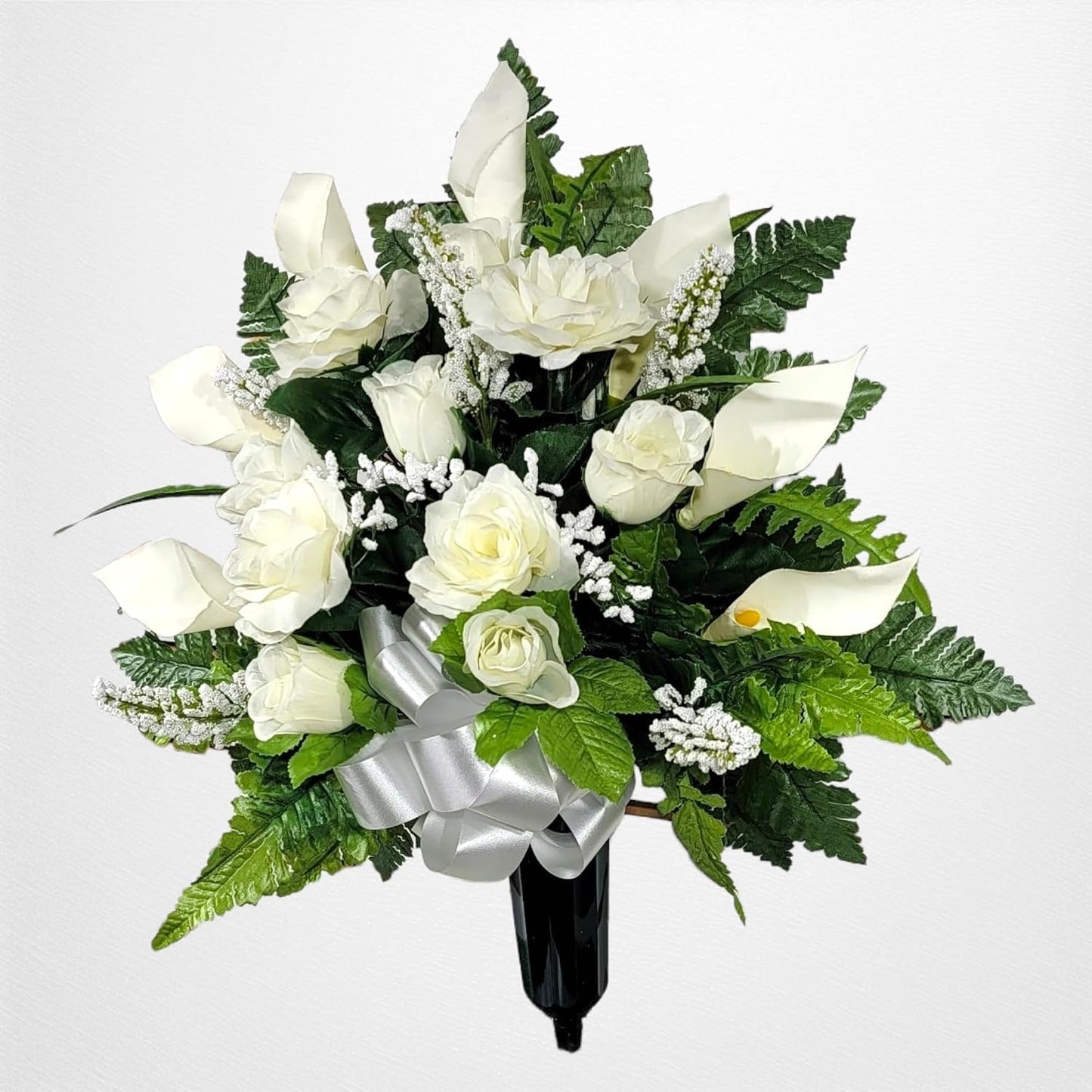 Realistic Artificial Cemetery Flowers - Silk Faux Floral Cream Rose and Calla Lily Bouquet for Grave - Headstone Decoration - Memorial Flowers