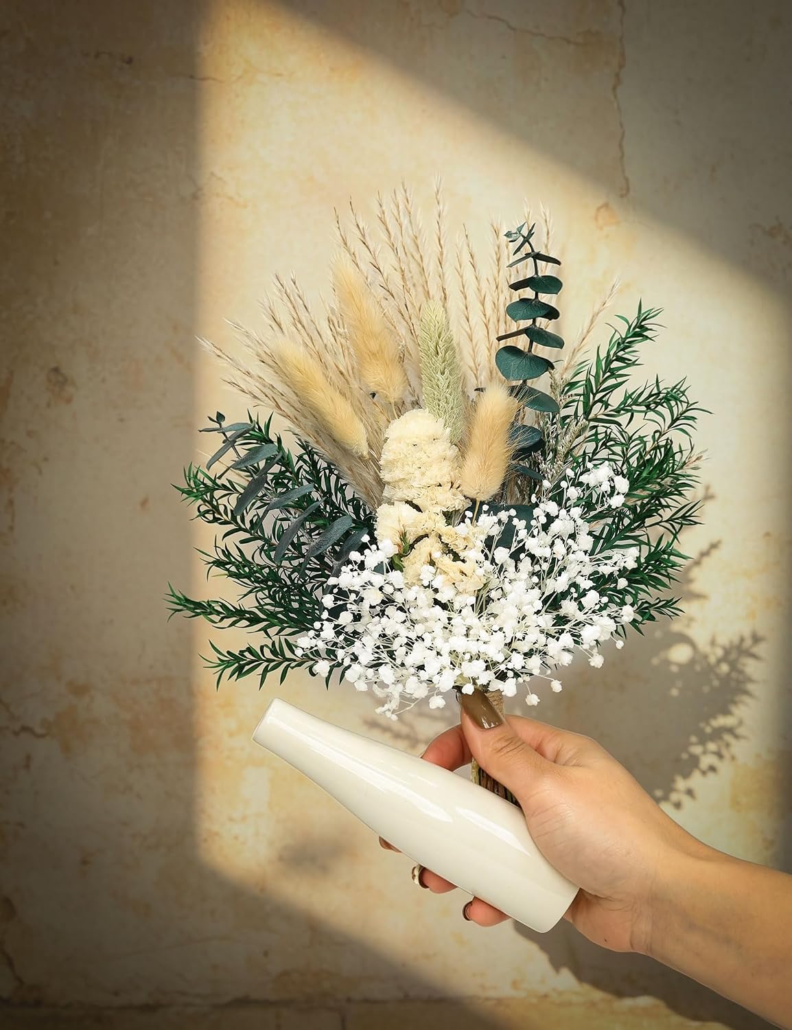 xin's convey Dried Flower Bouquet with Ceramic Vase, Pampas, Wedding Party Decoration, Farmhouse Decor, Wedding Table Centerpiece. (Green)